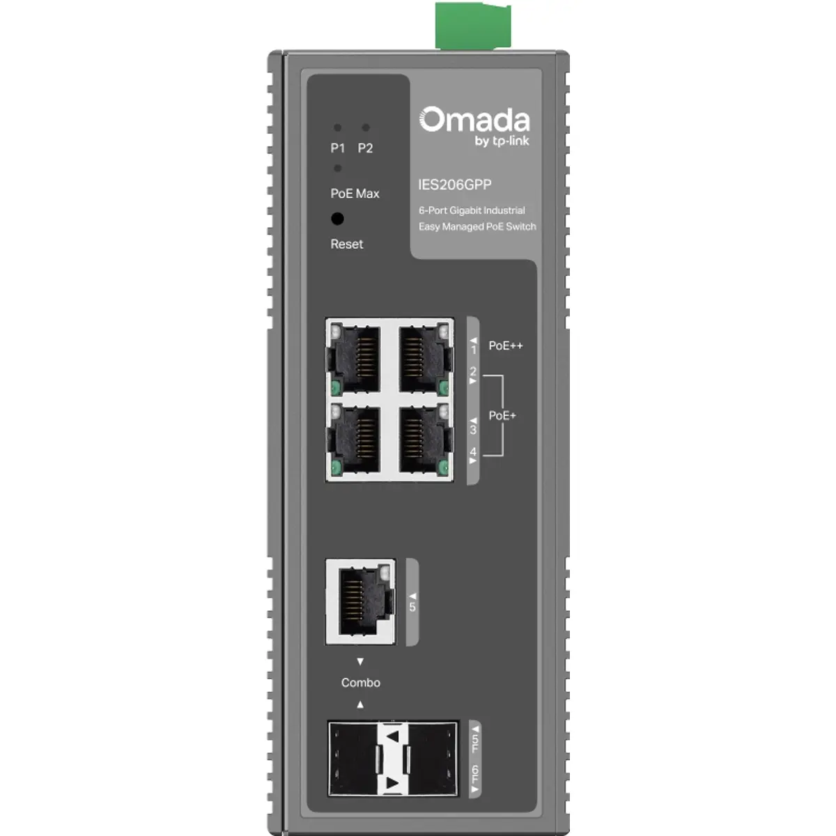 Switch industrial 6P (1x PoE++ / 3x PoE+ / 2x SFP Combo) Gigabit gerenciável p/ calha DIN ou parede