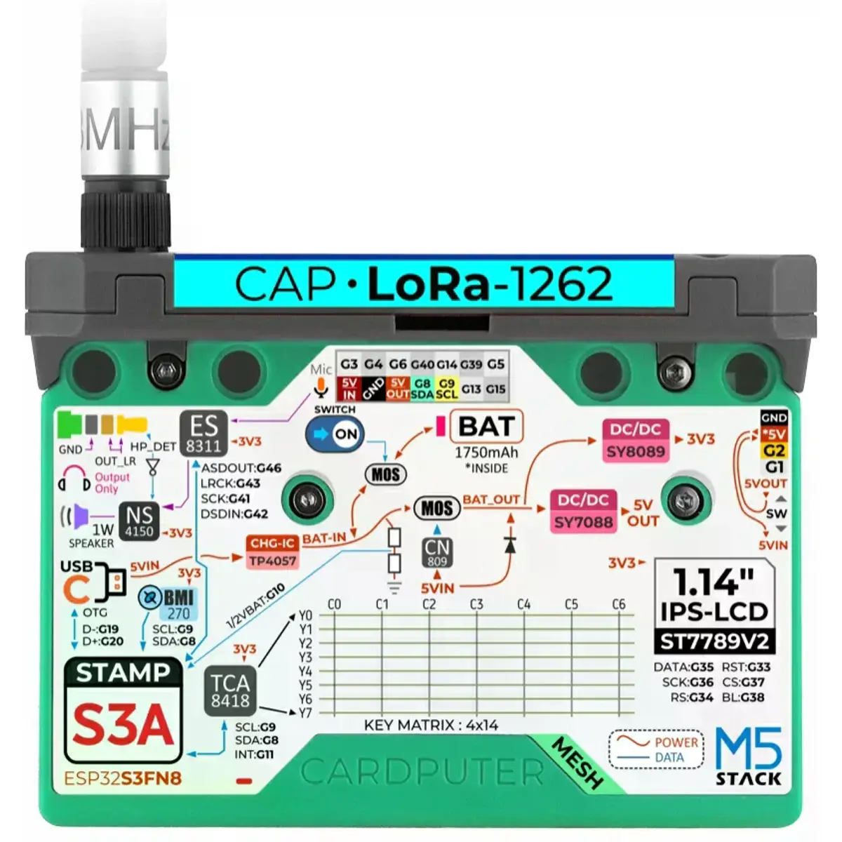 Mini computador portátil c/ Stamp-S3A, bateria, teclado, display 1.14''+ módulo Cap LoRa-1262