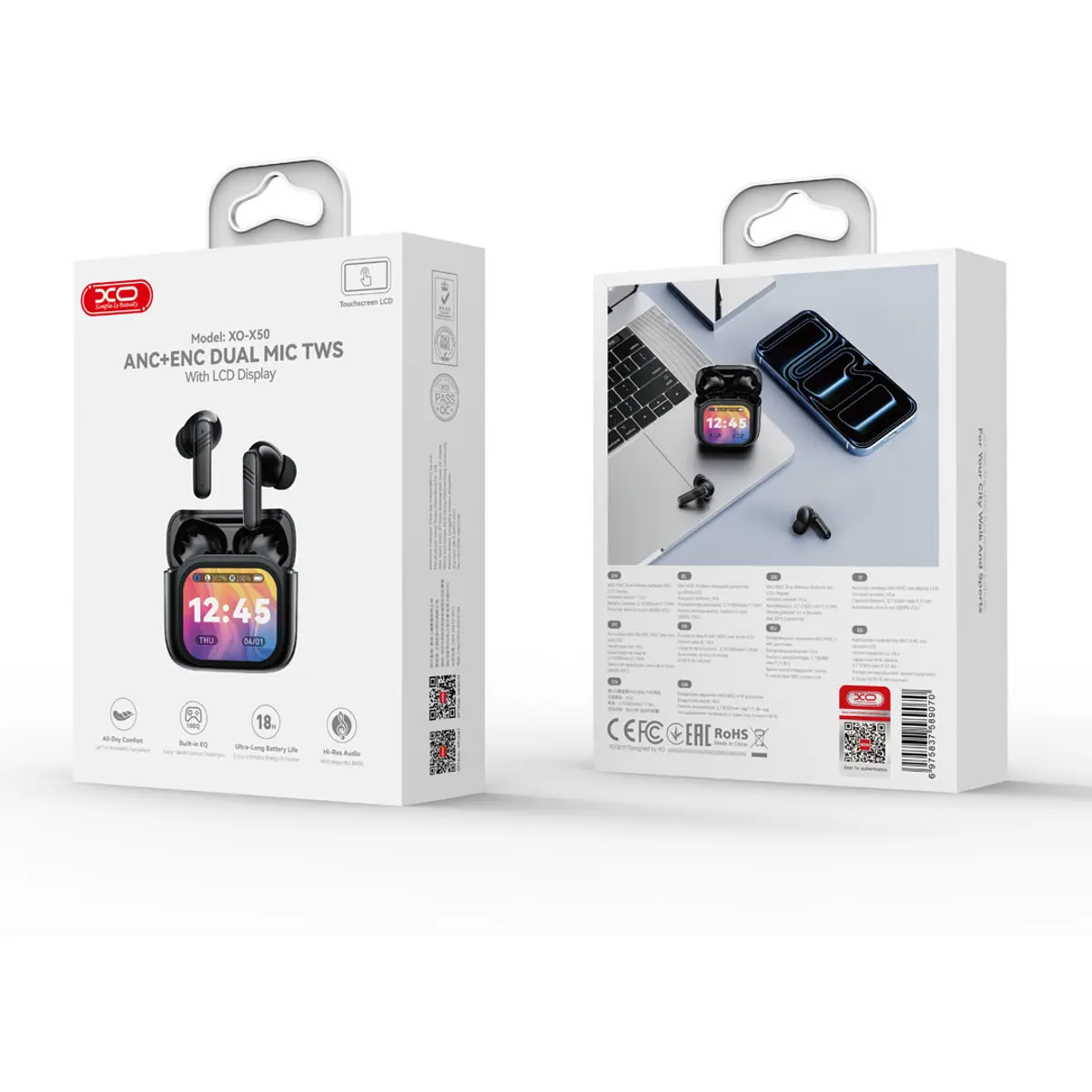 Auriculares earbuds BT6.0 c/ estojo carregamento (LCD touch/fotos/localização) ANC e microfone duplo