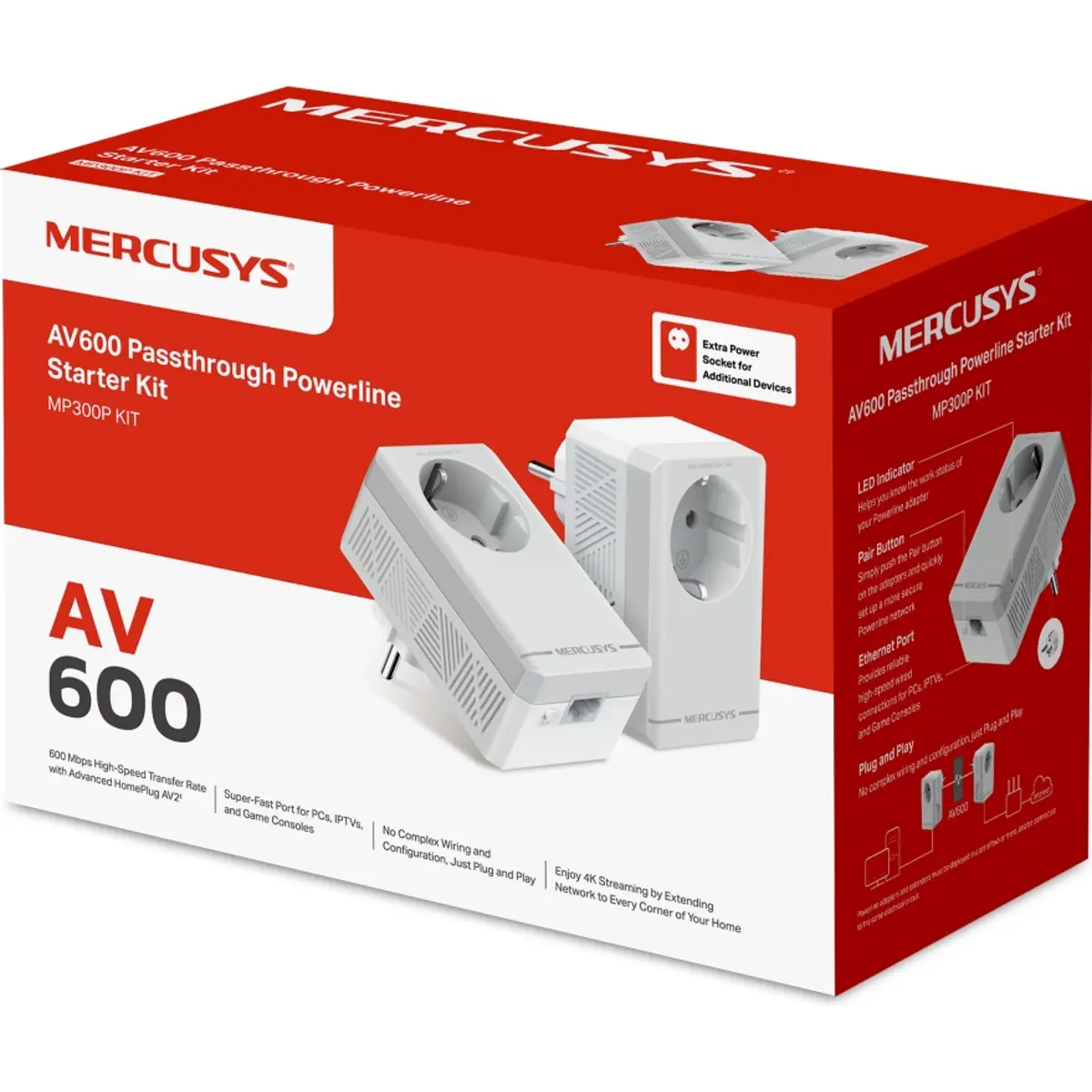 Kit 2 adaptadores Powerline AV600 (600Mbps) c/ passthrough e portas RJ45