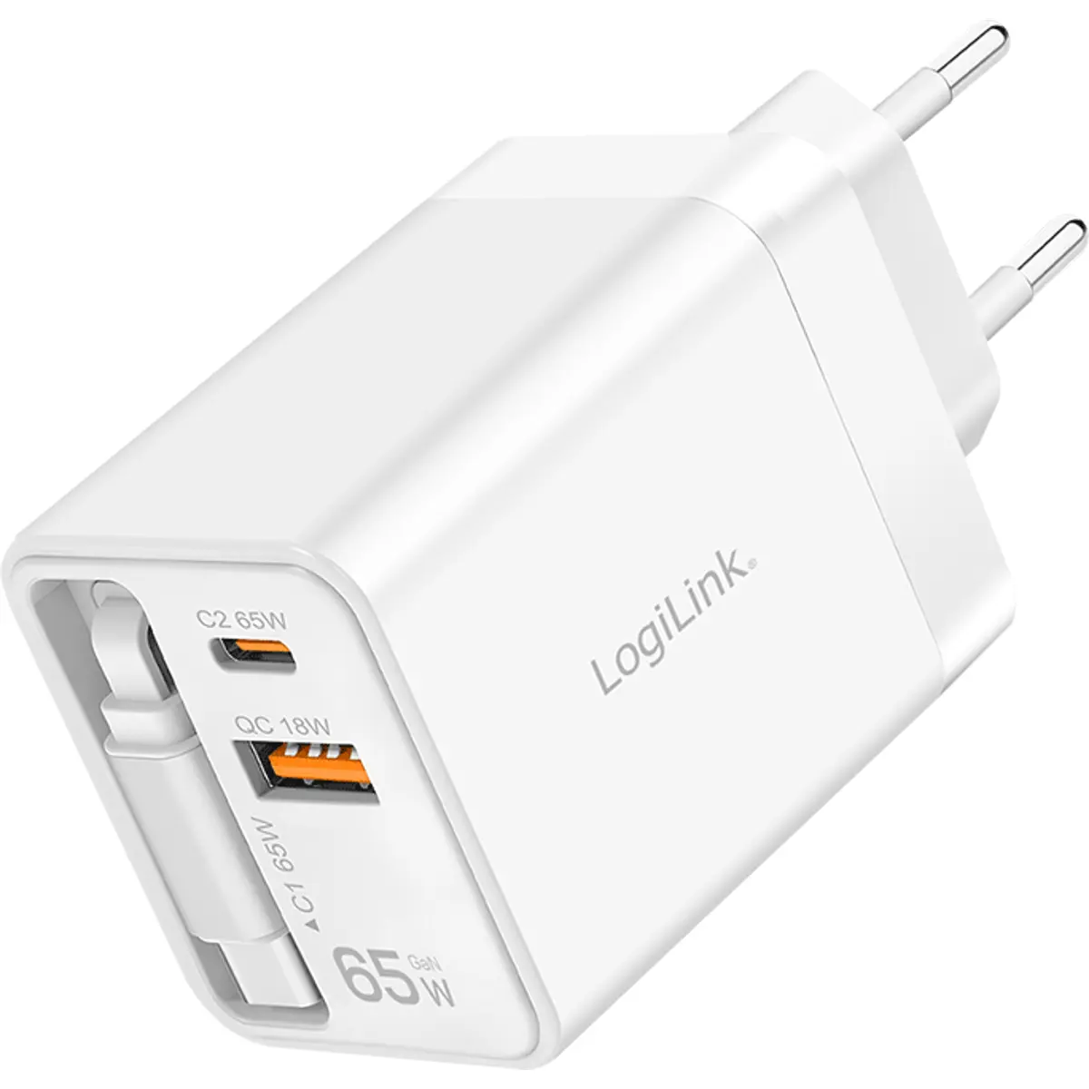 Carregador GaN USB-A (QC) + USB-C + cabo retrátil USB-C (PD) 65W - branco