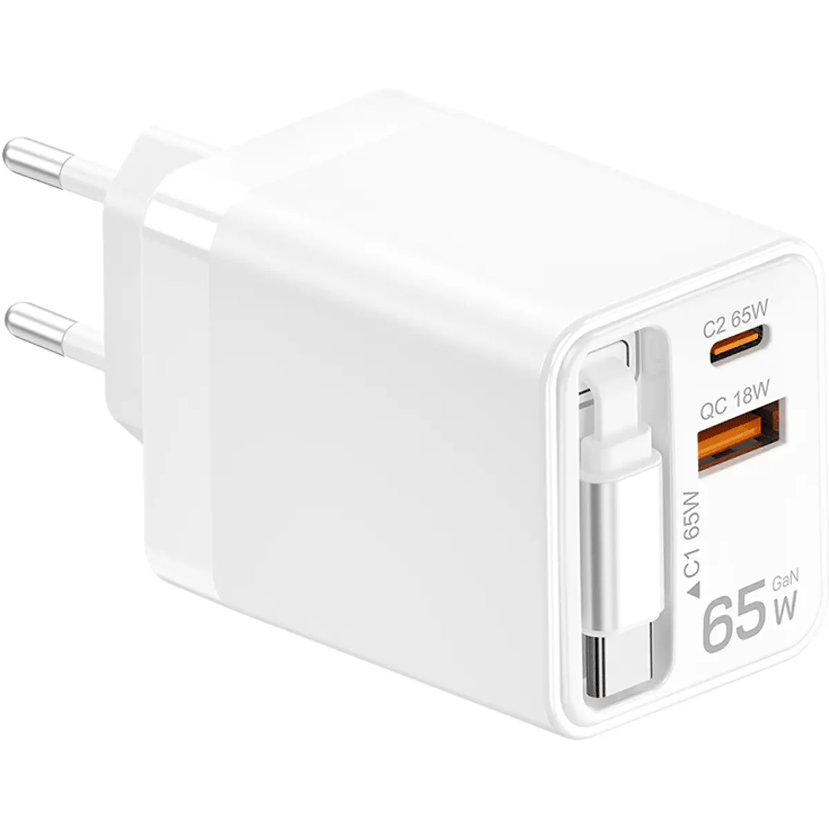 Carregador GaN USB-A (QC) + USB-C + cabo retrátil USB-C (PD) 65W - branco