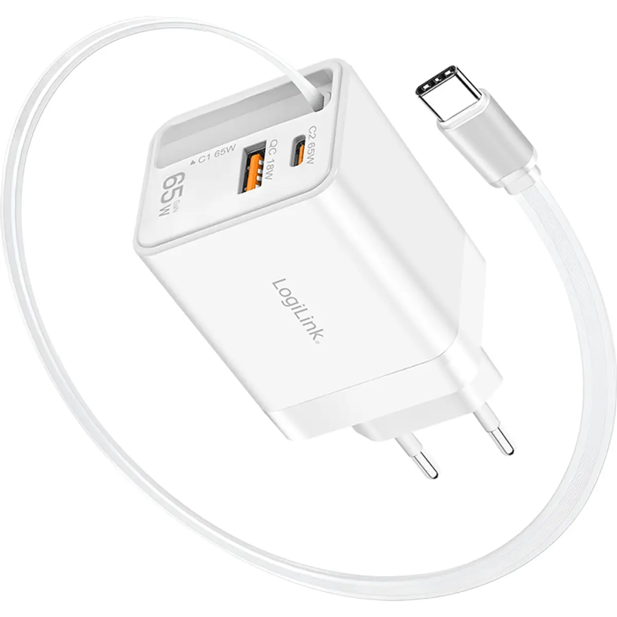 Carregador GaN USB-A (QC) + USB-C + cabo retrátil USB-C (PD) 65W - branco