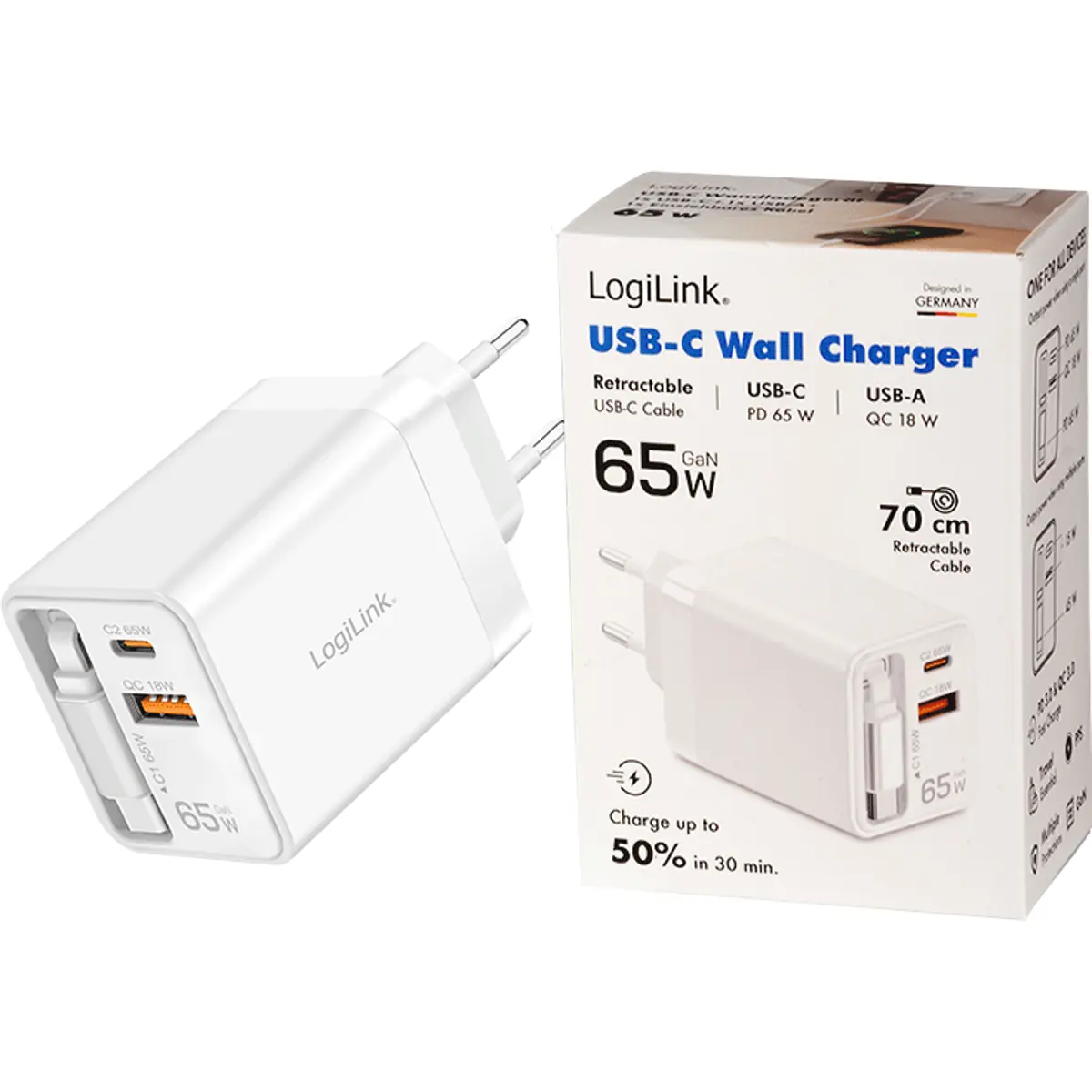 Carregador GaN USB-A (QC) + USB-C + cabo retrátil USB-C (PD) 65W - branco
