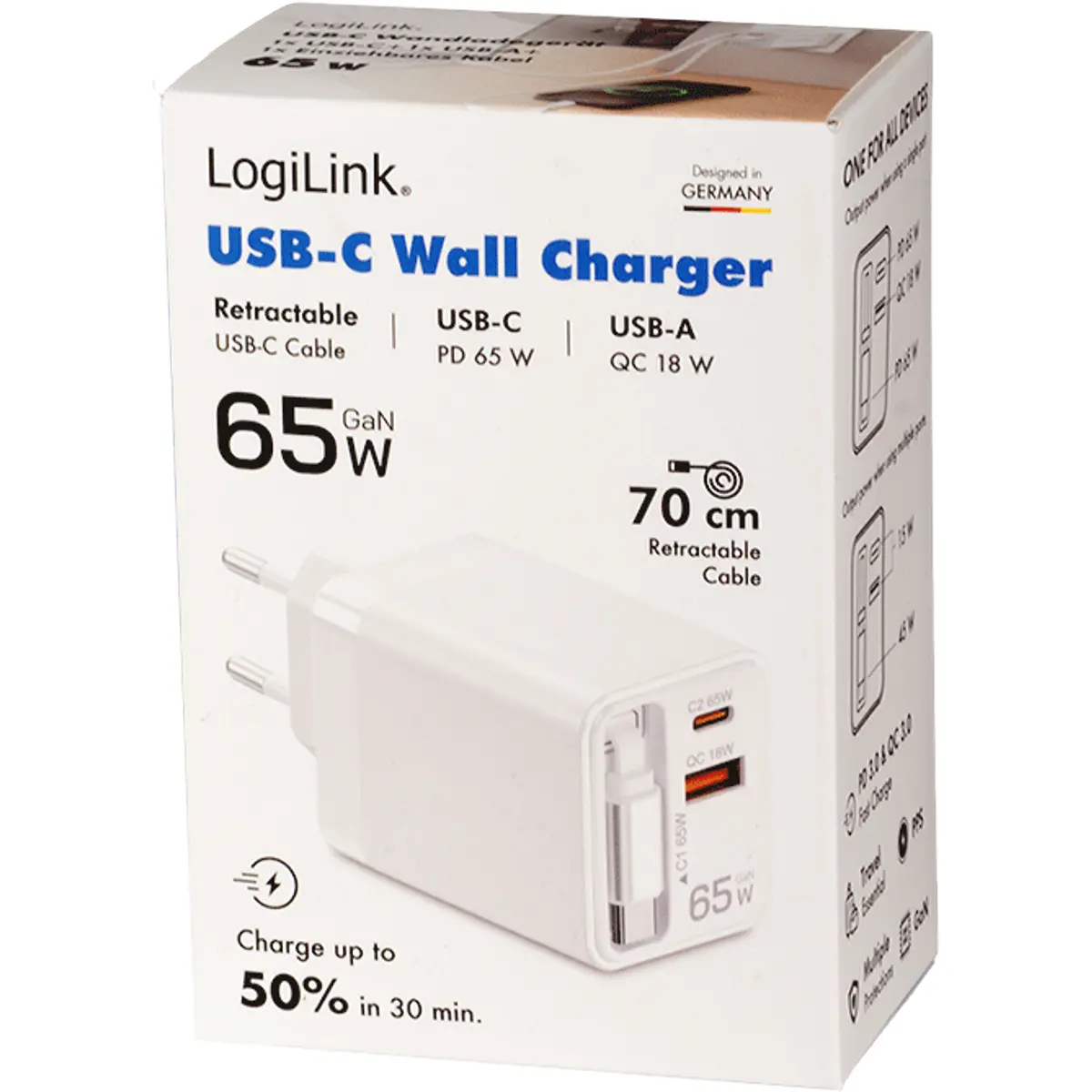 Carregador GaN USB-A (QC) + USB-C + cabo retrátil USB-C (PD) 65W - branco