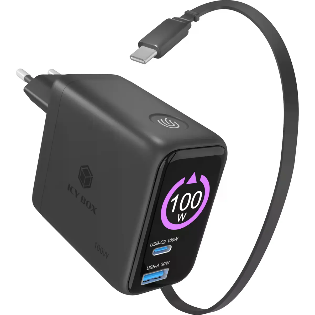 Carregador GaN PD+QC 100W (2x USB-C + 1x USB-A) c/ visor LCD + cabo retrátil USB-C