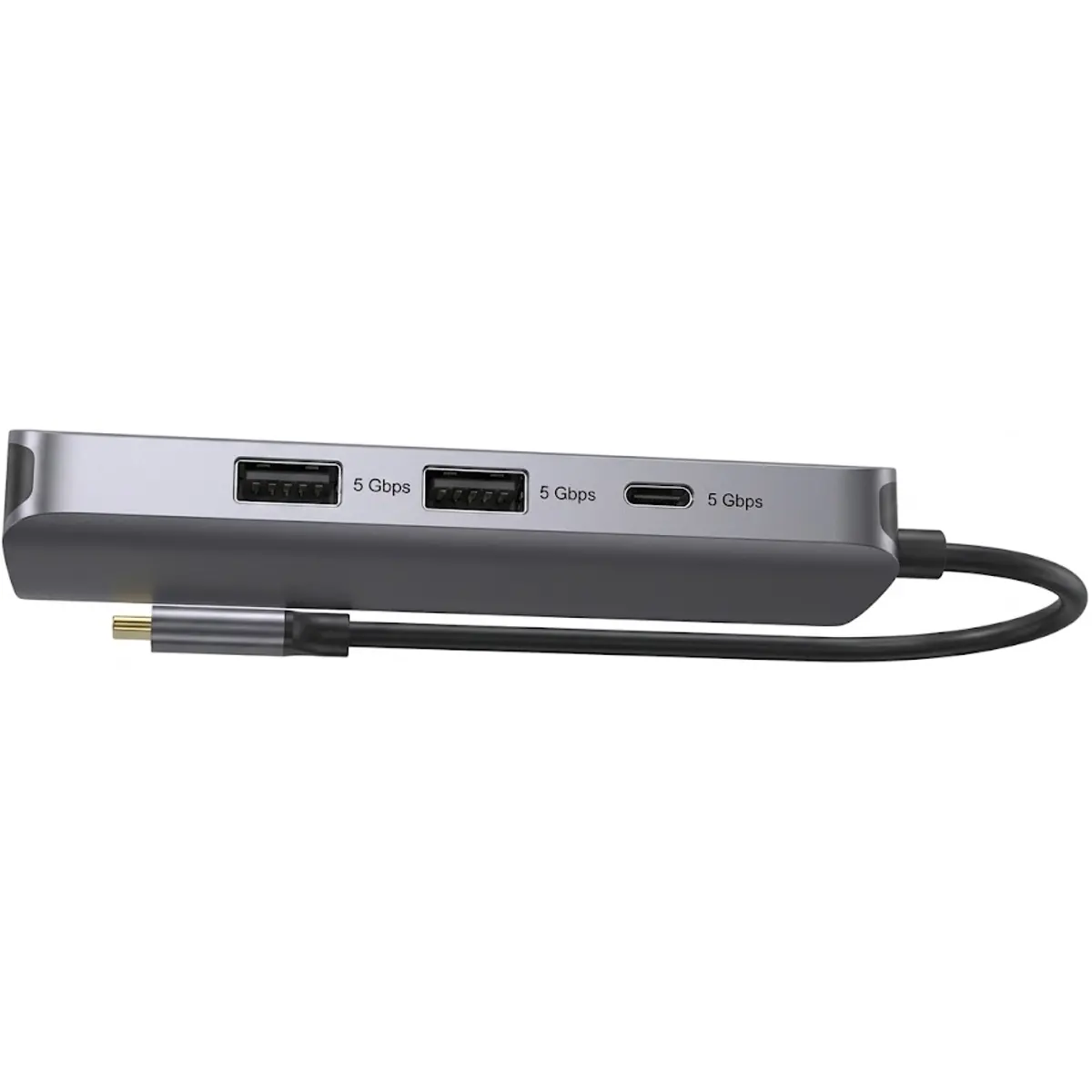 Hub adaptador 5P (2xUSB-A 5Gbps + 1xUSB-C 5Gbps + 1x USB-C PD 100W + 1x HDMI 4K) c/ botão écrã