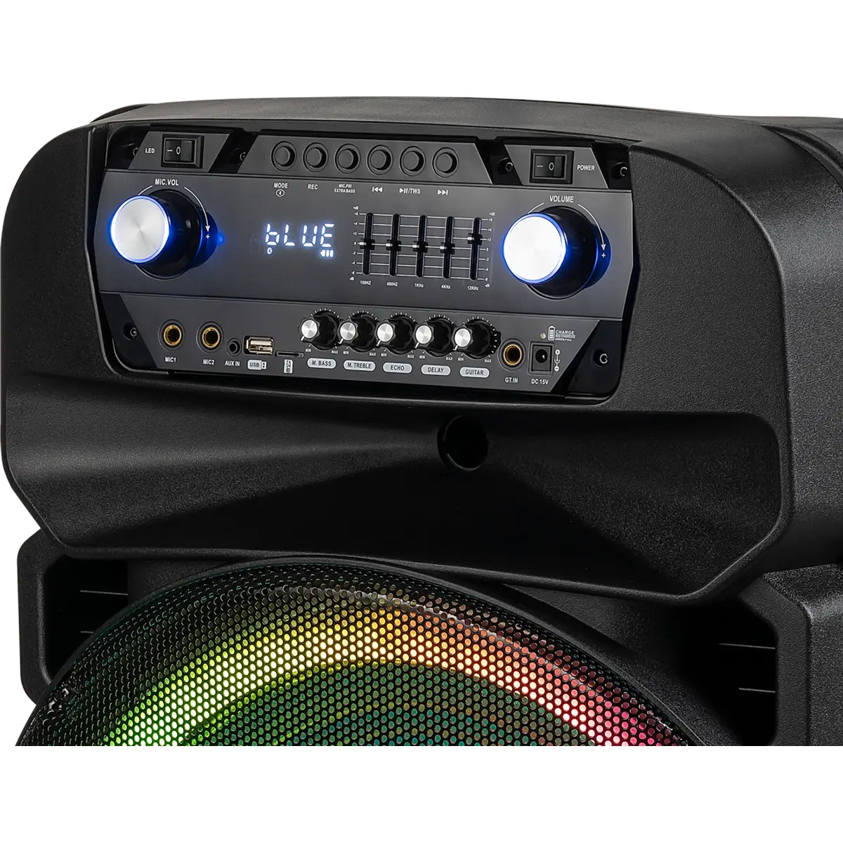 Coluna portátil karaoke 240W c/ bluetooth/USB/SD/AUX/FM + 2 microfones s/ fio + telecomando