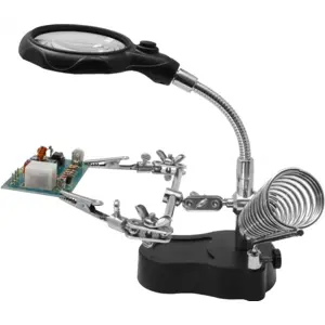Suporte para ferro de soldar com lupa e pinças ''mãos livres'' e luz LED