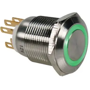 Botão interruptor de pressão anti-vandalismo unipolar SPDT (ON)-OFF 1NC-1NO 230VAC c/anel luz LED verde 12VDC