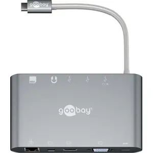 Adaptador/conversor multiport USB C macho ➝ USB-C + 3x USB A 3.0 + HDMI A + VGA + RJ45 + Leitor cartões - 0.13m