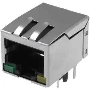 Ficha RJ45 fêmea com LEDs amarelo e verde para soldar em PCB 90º