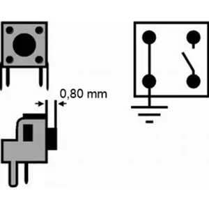 Botão miniatura 6x6x(0.8)mm, vertical, 2 pinos + massa