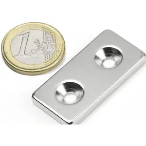Íman Neodymium (NdFeB) de 2x furos para cabeça de parafuso N35 40x20x4mm