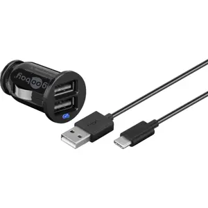 Cargador de mechero 2x USB (12VDC->5VDC) 2.1A 10W con cable USB C macho - negro