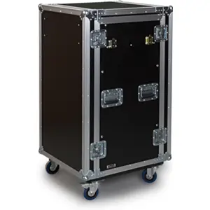 Rack 19" antishock con 2 tapas (frontal y trasera) convertibles en mesas y soporte superior para aparatos de sonido e iluminación.