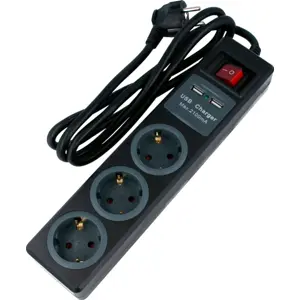 Bloco de 3 tomadas c/ 2xUSB + interruptor - Preto - cabo (3x1.5mm²) 1.4m