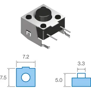 Botão miniatura 6x6x(5)mm, vertical, 2 pinos + massa