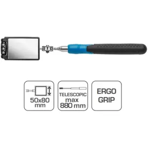 Espelho de inspecção telescópico retangular com iluminação LED, 300-880mm