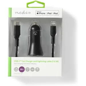 Carregador de Isqueiro 1x USB-C PD3.0 20W (1,67A / 2,22A / 3,0A) c/ cabo Lightning - preto