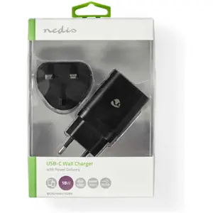 Carregador 1xUSB-C 18W 3A c/ adaptador viagem UK (Tipo G) - preto