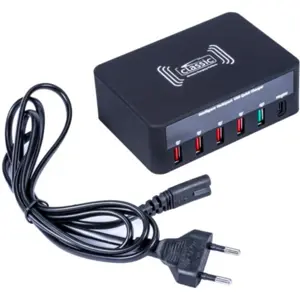 Estação de carregamento 100W c/ Wireless Charge 10W + 4xUSB 2.4A + 1x USB QC + 1x USB-C