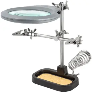 Suporte articulado de ajuste vertical c/ lupa + esponja limpeza + pinças e luz LED