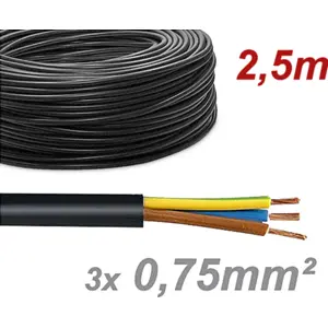 Cabo elétrico multifilar redondo FVV 3x0.75mm² preto - H05VV-F 3G0.75 (rolo de 2.5m)
