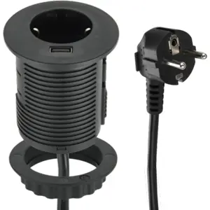 Bloco de tomadas de encastrar (Ø60mm) 1x Schuko + 1xUSB 12W QC2.0 - cabo de 2.0m - Preto