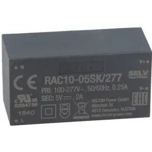 Transformador de alimentação encapsulado para PCB 100..277VAC -> 5VDC 2.0A 10W - Recom RAC10-05SK/277