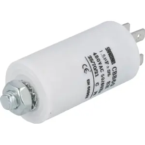 Condensador para motor 1.5uF 450V Ø30x57mm - c/ terminais 6.3mm e parafuso M8