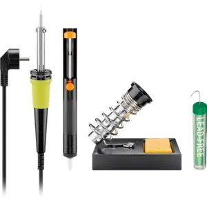 Kit soldadura c/ ferro soldar 30W + suporte + bomba dessoldadora + solda s/ chumbo