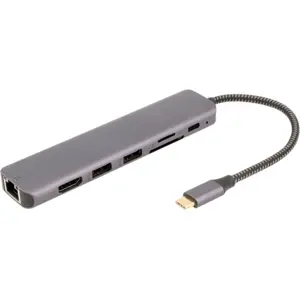 Adaptador/conversor multiport USB-C macho -> USB-C PD + RJ45 + HDMI A fêmea + 2x USB A fêmea + Leitor SD/TF