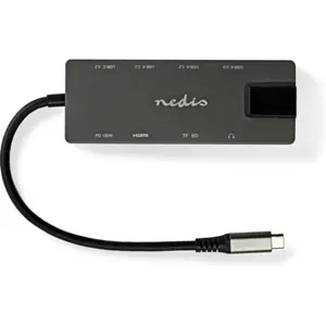 Adaptador/conversor multiport USB-C macho ➝ 2x USB-C 3.2/PD + HDMI A + 3x USB A + lector de SD/TF + RJ45 + jack 3,5 mm