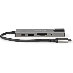 Adaptador/conversor multiport USB-C macho ➝ 2x USB-C 3.2/PD + HDMI A + 3x USB A + lector de SD/TF + RJ45 + jack 3,5 mm