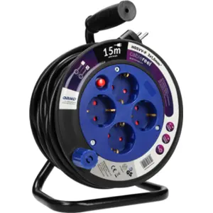 Enrolador Schuko c/ pega de 15m (3G 1.5mm²) c/ 4 tomadas + disjuntor