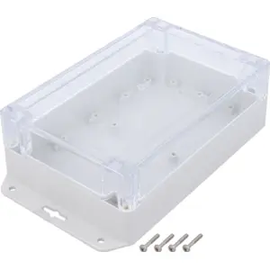 Caixa plástica 120x180x60mm cinza c/ tampa transparente + abas de fixação - IP65