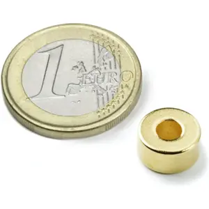 Íman Neodymium (NdFeB) redondo c/ furo Ø4mm N45 Ø10x5mm - dourado