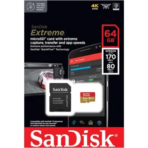 Cartão de memória microSDXC 64GB U3 A2 V30 (170/80 MB/s) + Adaptador SD