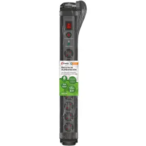 Bloco de 8 tomadas c/ interruptor + proteção contra sobrecarga e sobretensões + fixação em Rack 19'' - Preto - cabo (3x1.5mm²) 1.5m