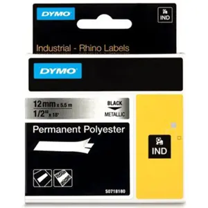 Fita de etiquetar RHINO 18486 [Preto sobre Prateado] em poliéster - 12mm x 5.5m