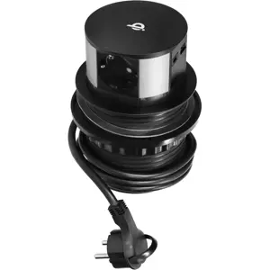 Bloco de tomadas de encastrar Pop-Up (Ø102mm) 3x Schuko + 2xUSB QC3.0 + carreg. Wireless Qi - cabo de 1.5m - Preto