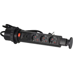 Bloco de tomadas de encastrar Pop-Up (Ø63mm) 3x Schuko + 2xUSB - cabo de 1.8m - Preto