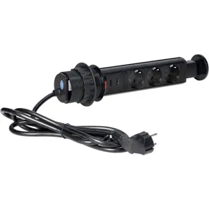 Bloco de tomadas de encastrar Pop-Up (Ø63mm) 3x Schuko + 2xUSB - cabo de 1.8m - Preto