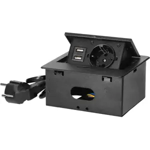 Bloco de tomadas de encastrar Flip-Top Push 1x Schuko + 2xUSB - cabo de 1.5m - Preto