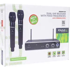 Sistema de 2x microfones de mão sem fios com receptor UHF de 2 canais