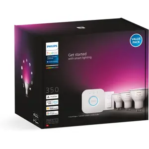 Conjunto de 3 lâmpadas inteligentes GU10 Hue White and Color Ambiance 350 + Hue Bridge + comando
