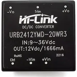 Convertidor DC-DC aislado galvánicamente 24VDC (9~36V) -> 12VDC 1.66A 20W (salida regulada)