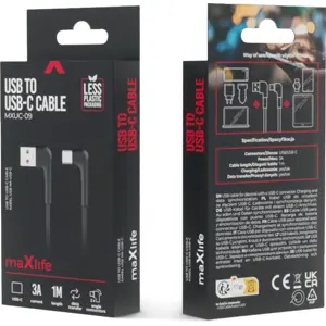 Cabo USB-A -> USB-C 3A - c/ fichas 90º - 1.0m - preto