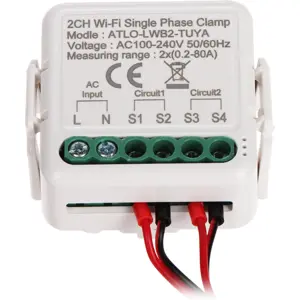 Módulo medidor de consumo WiFi monofásico unidirecional de 2 canais + Núcleos 80A (compatível c/ Tuya)